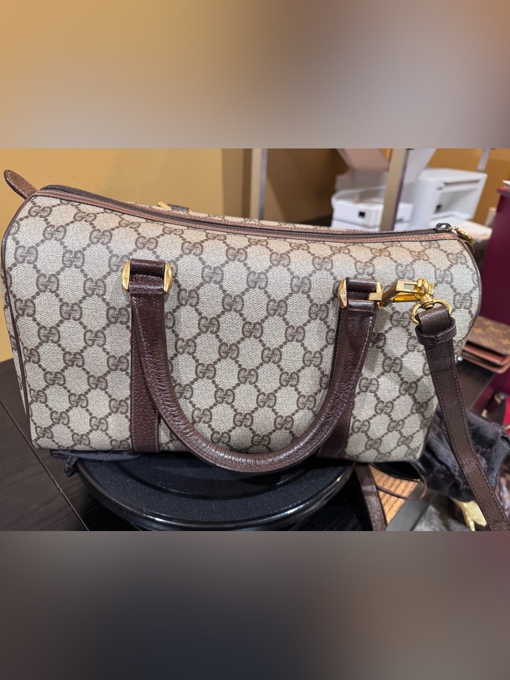 Gucci Beige GG Canvas & Leather Boston Satchel with Gold Hardware, Dust Bag - Picture 3 of 16